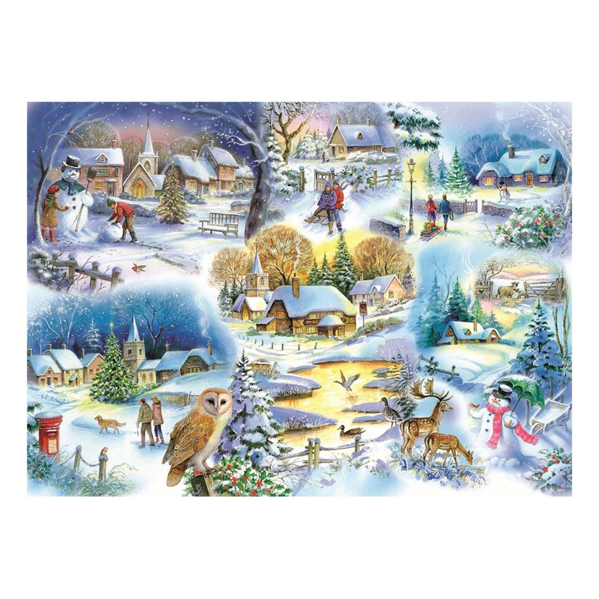 LANG Snow Day 750-Piece Panoramic Jigsaw Puzzle – Winter Scene With Snowmen, Linen-Embossed Pieces