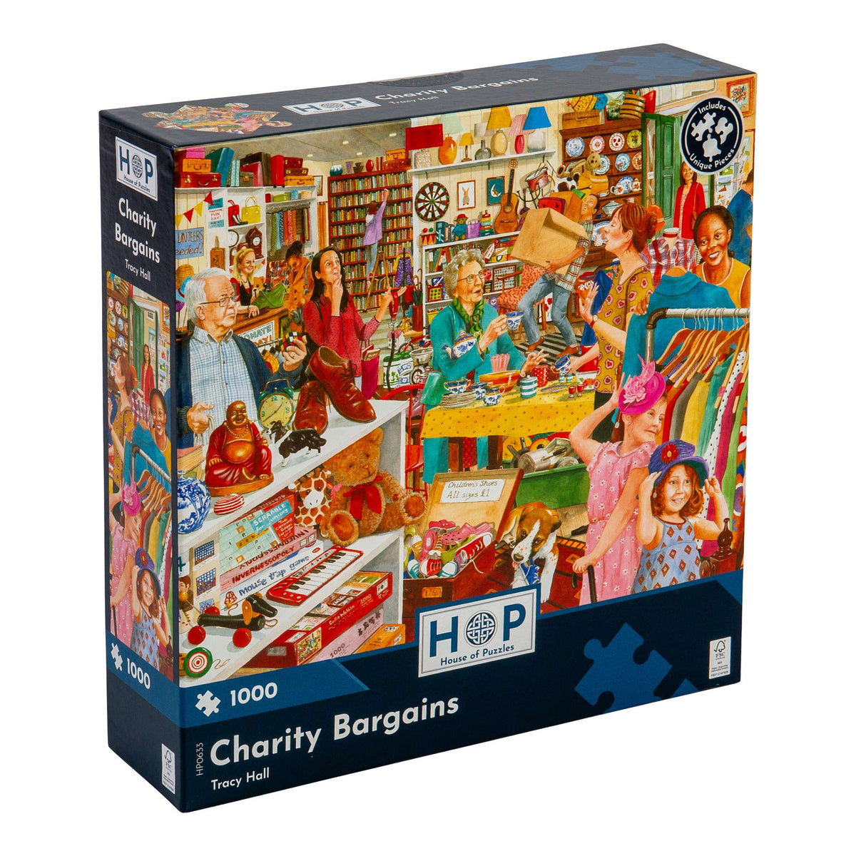 Charity Bargains 1000-piece jigsaw puzzle by House of Puzzles — a bustling charity shop scene illustrated by Tracy Hall